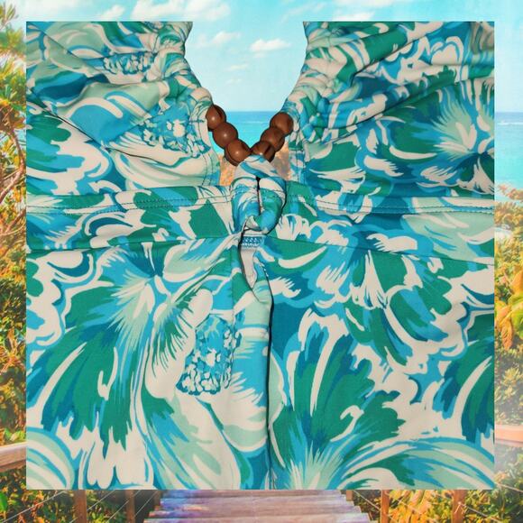 Time & Tru Green & Blue Floral Halter One-Piece Swimsuit - Picture 3 of 4